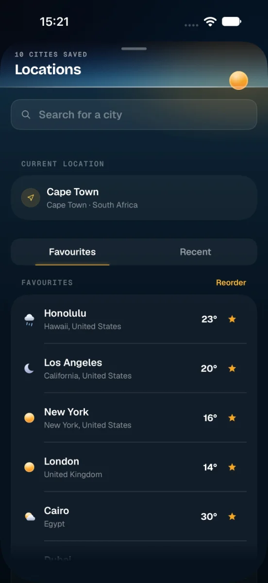 Locations sheet with ten saved cities