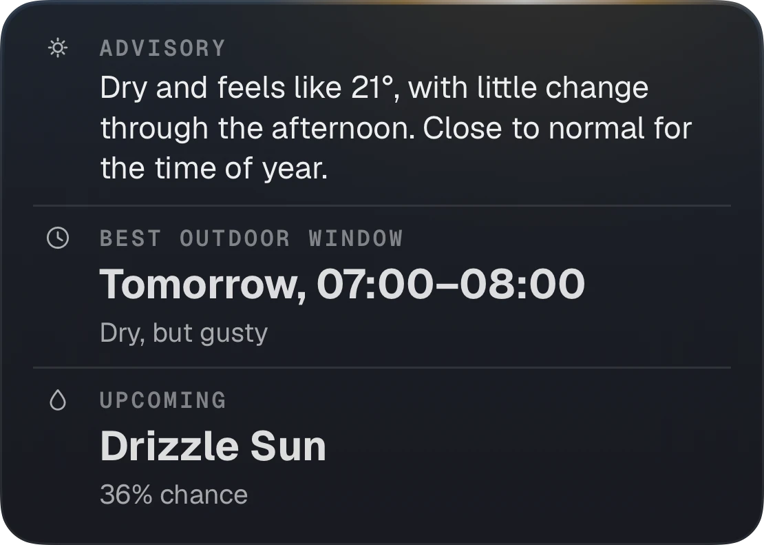 Advisory card: dry and feels like 21°, best outdoor window tomorrow 07:00–08:00, drizzle on Sunday at 36% chance