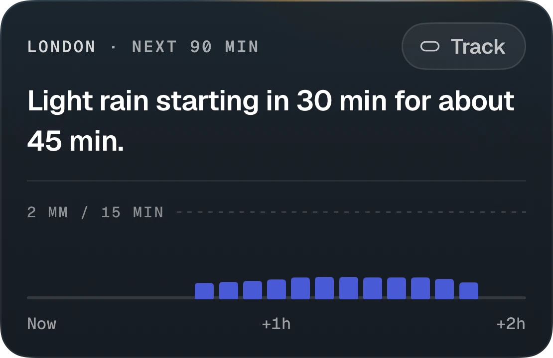 Rain nowcast card: London, next 90 minutes. Light rain starting in 30 minutes for about 45 minutes, with fifteen-minute rain bars and a Track button