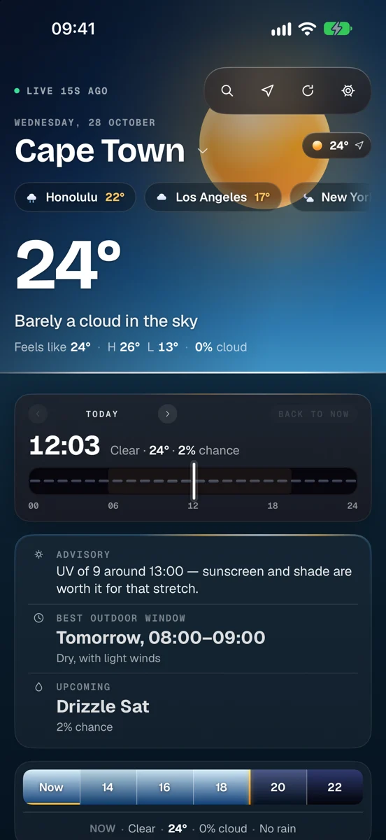 Nimbus on iPhone: Cape Town at midday, 24°, barely a cloud in the sky, the sun high above the horizon