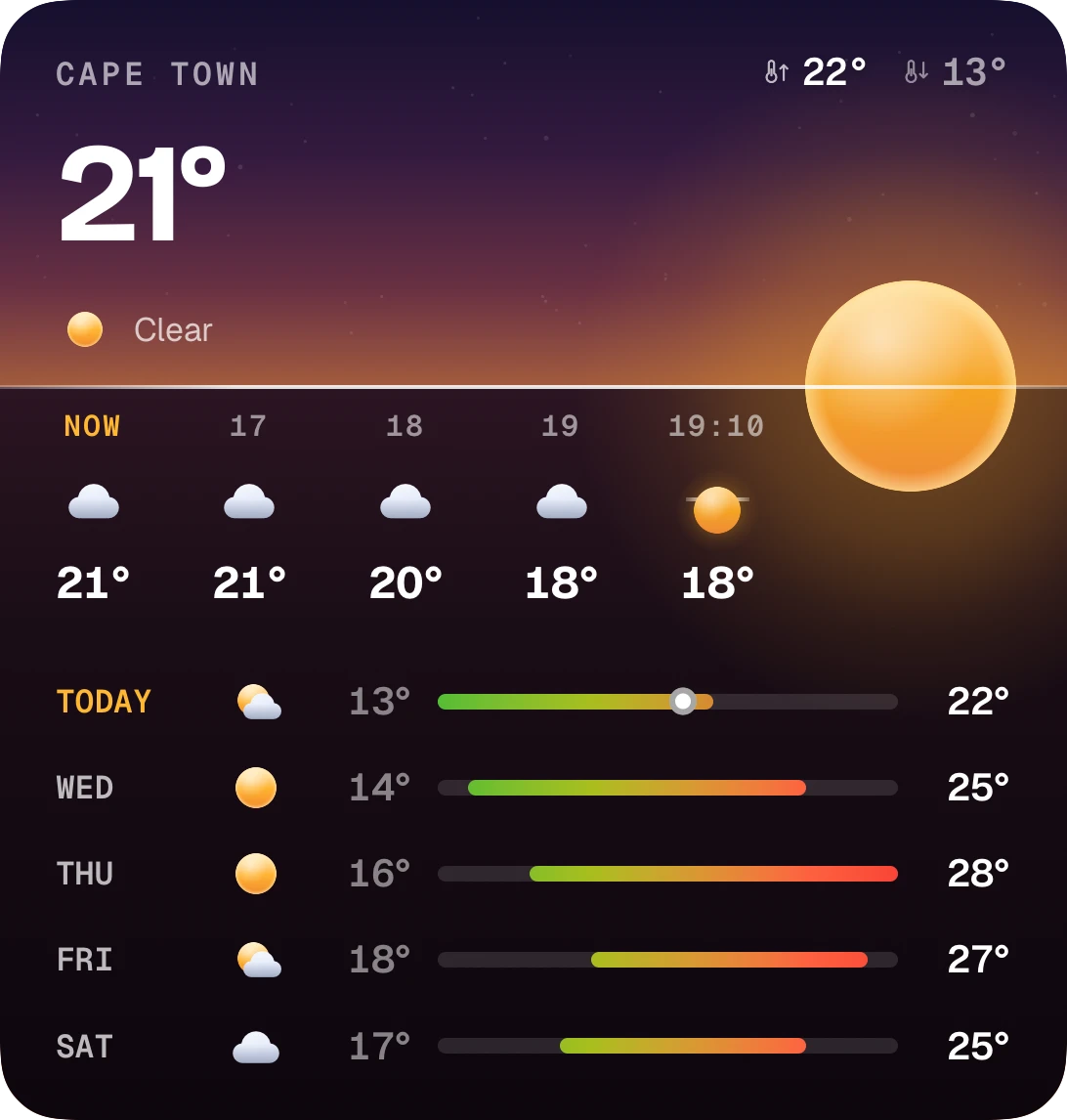 Large forecast widget: Cape Town, 21° and clear at dusk, the next hours and five days with temperature ranges